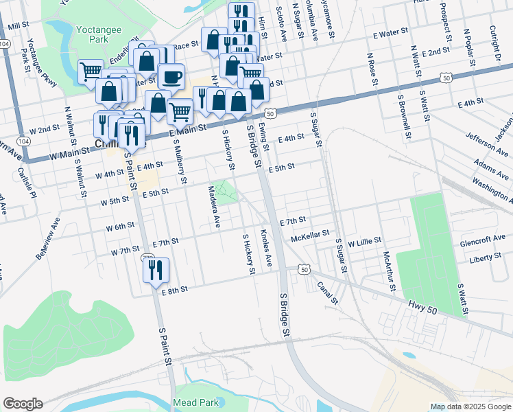 map of restaurants, bars, coffee shops, grocery stores, and more near 191 Old Eastern Avenue in Chillicothe