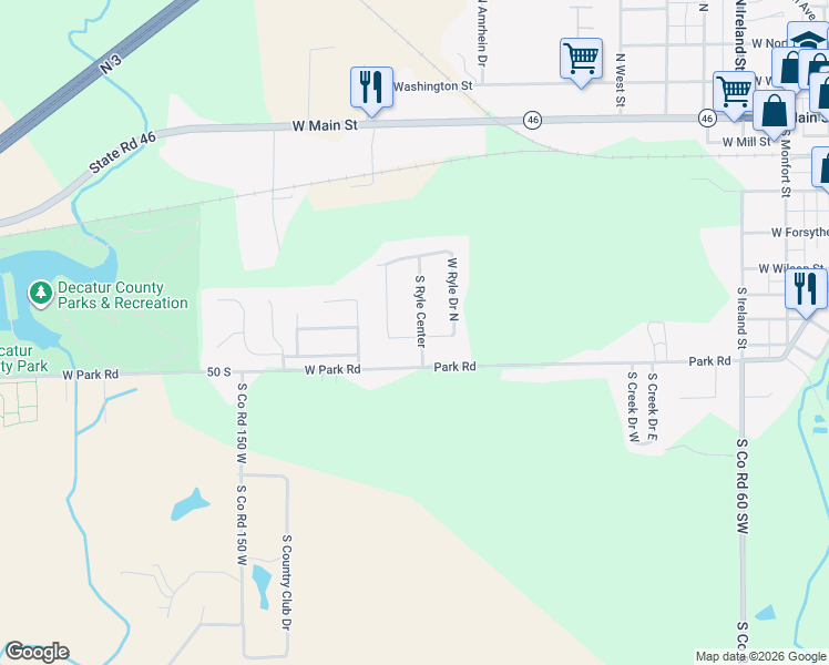 map of restaurants, bars, coffee shops, grocery stores, and more near 713 South Ryle Center in Greensburg