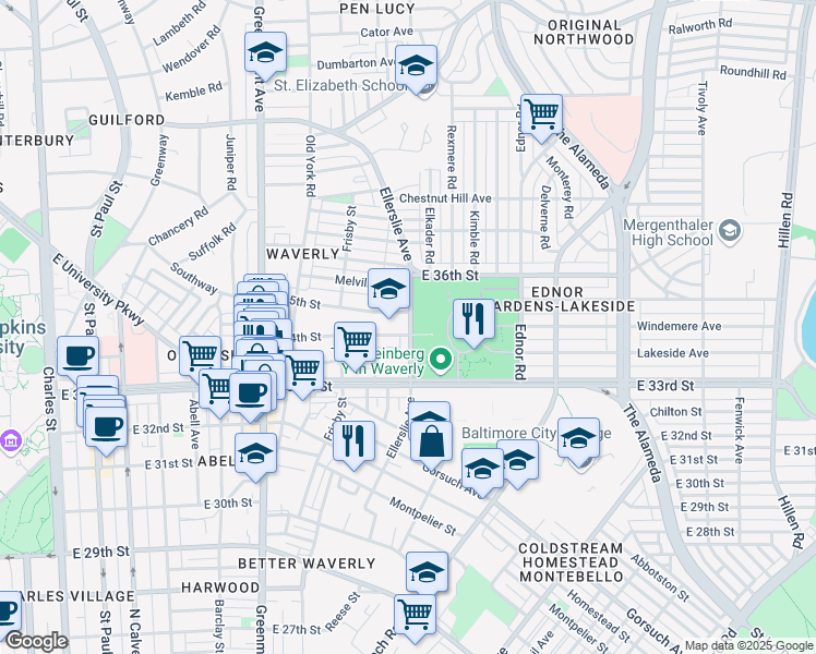 map of restaurants, bars, coffee shops, grocery stores, and more near 3400 Ellerslie Avenue in Baltimore