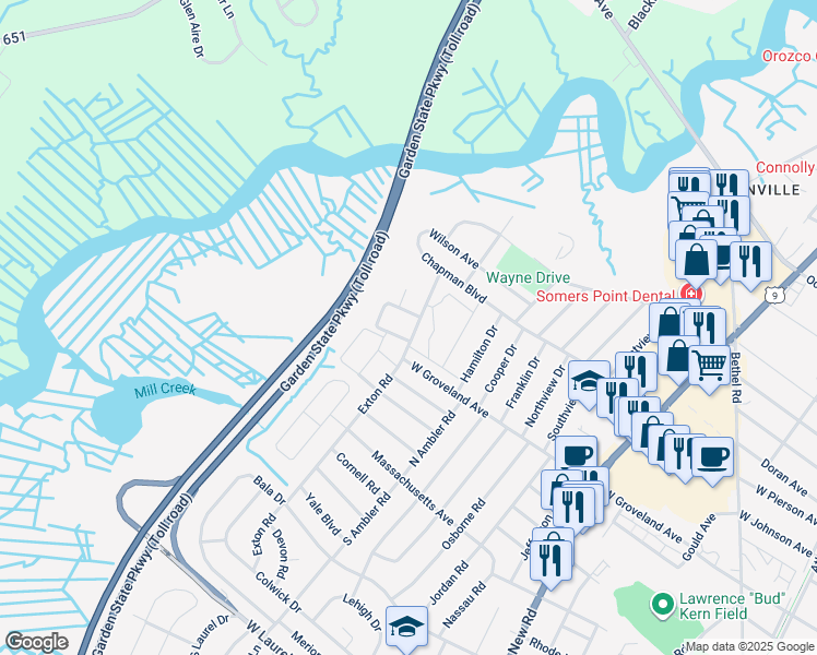 map of restaurants, bars, coffee shops, grocery stores, and more near 184 Exton Road in Somers Point
