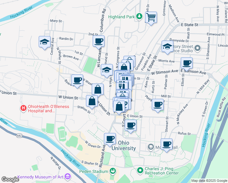 map of restaurants, bars, coffee shops, grocery stores, and more near 19 North Congress Street in Athens