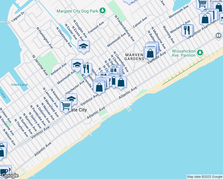 map of restaurants, bars, coffee shops, grocery stores, and more near 3 South Franklin Avenue in Margate City