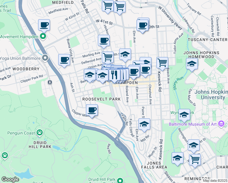 map of restaurants, bars, coffee shops, grocery stores, and more near 3515 Falls Road in Baltimore