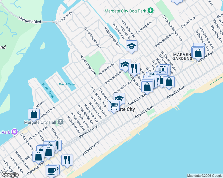 map of restaurants, bars, coffee shops, grocery stores, and more near 105 North Jerome Avenue in Margate City