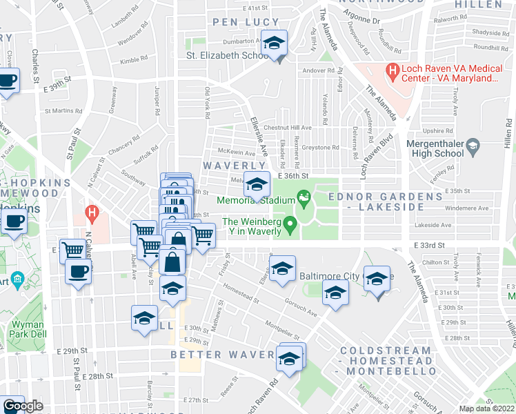 map of restaurants, bars, coffee shops, grocery stores, and more near 3400 Ellerslie Avenue in Baltimore
