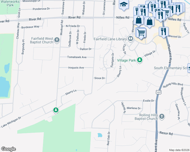 map of restaurants, bars, coffee shops, grocery stores, and more near 5504 Tallawanda Drive in Fairfield