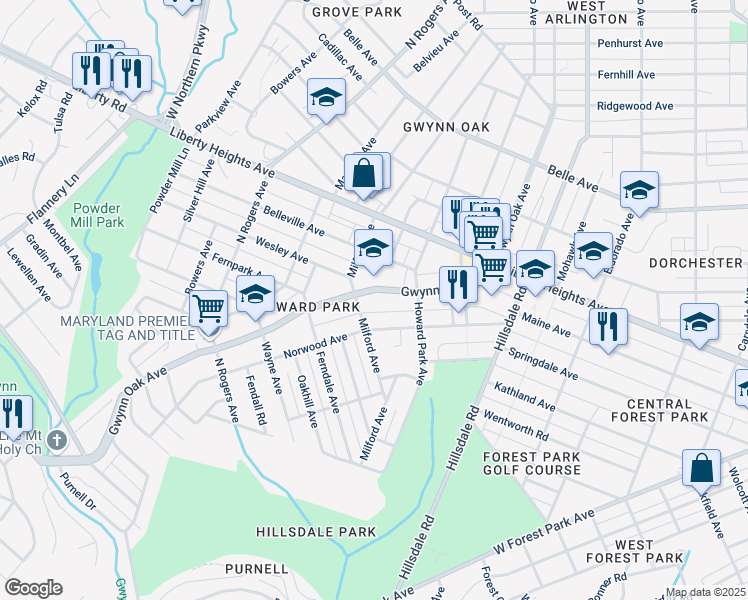 map of restaurants, bars, coffee shops, grocery stores, and more near 5023 Gwynn Oak Avenue in Baltimore