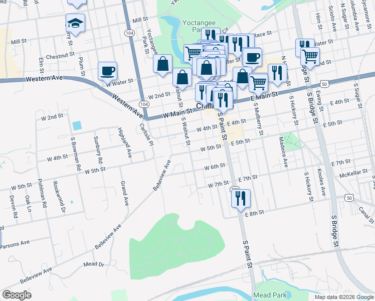 map of restaurants, bars, coffee shops, grocery stores, and more near 106 South Walnut Street in Chillicothe