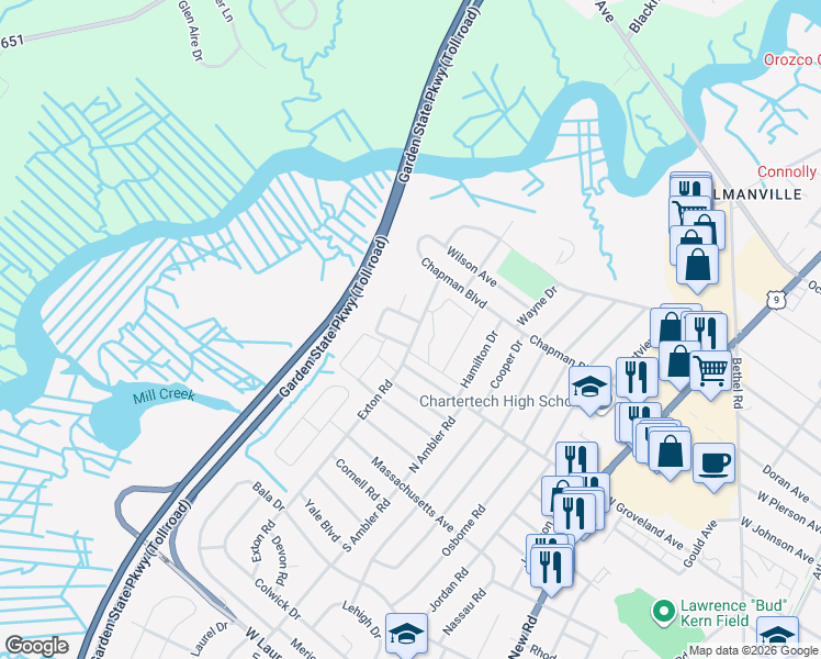 map of restaurants, bars, coffee shops, grocery stores, and more near 184 Exton Road in Somers Point