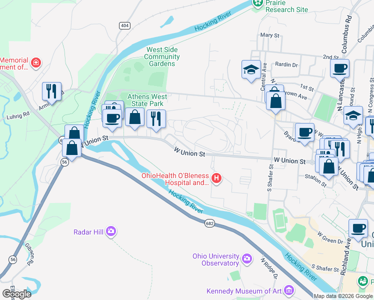 map of restaurants, bars, coffee shops, grocery stores, and more near 302 West Union Street in Athens