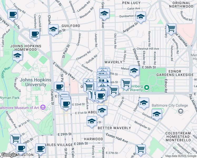 map of restaurants, bars, coffee shops, grocery stores, and more near in Pikesville