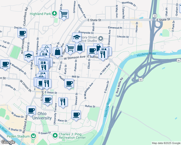 map of restaurants, bars, coffee shops, grocery stores, and more near 3 Elliott Street in Athens