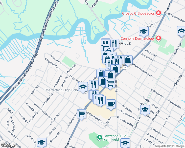 map of restaurants, bars, coffee shops, grocery stores, and more near 18 Crestview Drive in Somers Point