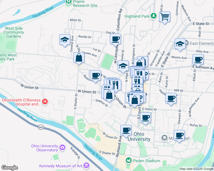 map of restaurants, bars, coffee shops, grocery stores, and more near 43 Depot Street in Athens