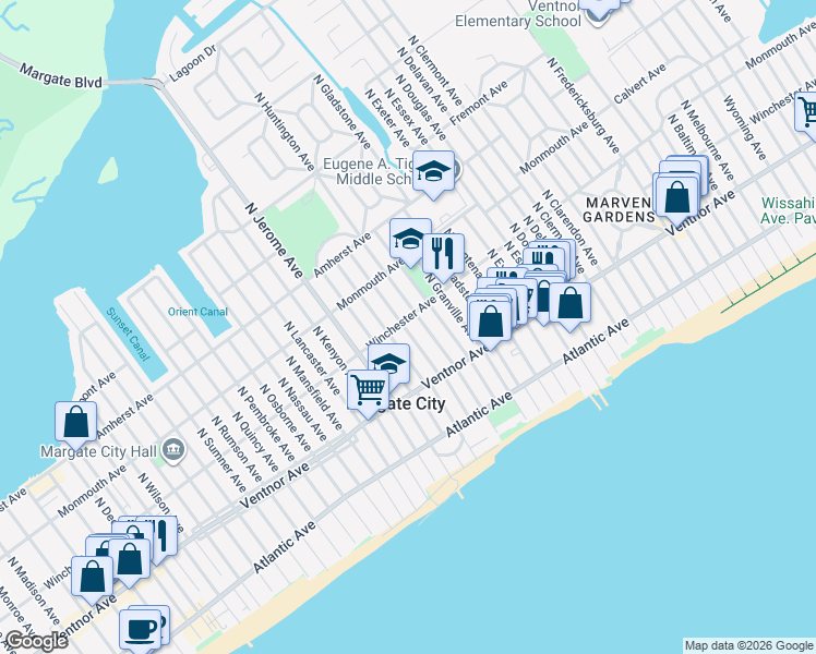 map of restaurants, bars, coffee shops, grocery stores, and more near 27 North Iroquois Avenue in Margate City