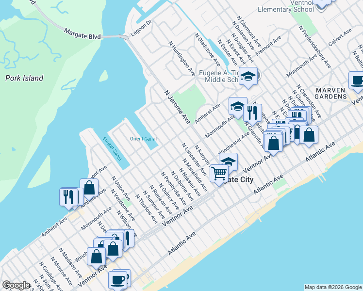 map of restaurants, bars, coffee shops, grocery stores, and more near 207 North Mansfield Avenue in Margate City