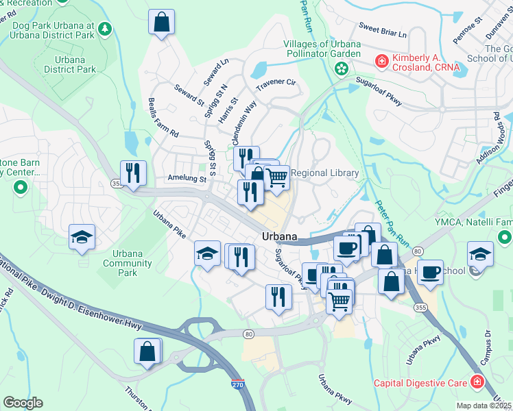 map of restaurants, bars, coffee shops, grocery stores, and more near 3511 John Simmons Street in Frederick