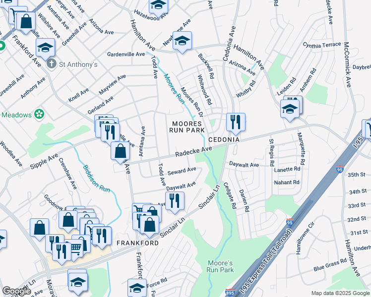 map of restaurants, bars, coffee shops, grocery stores, and more near 5602 Radecke Avenue in Baltimore