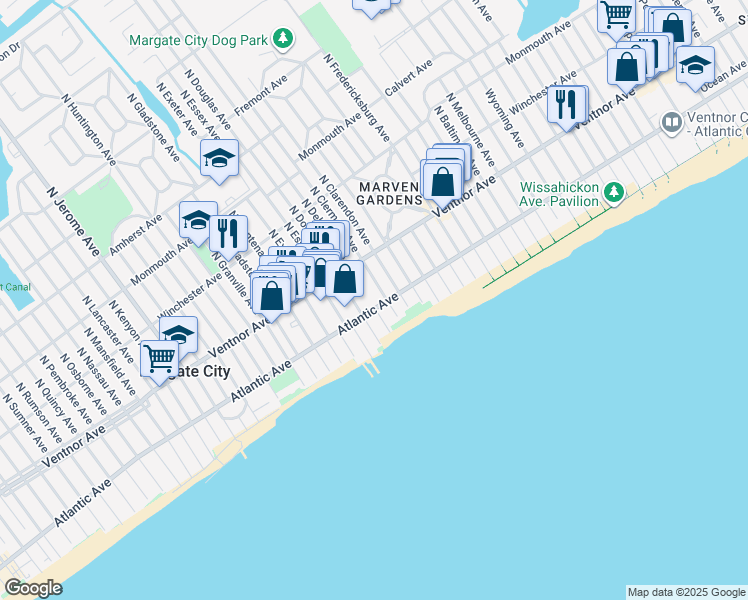 map of restaurants, bars, coffee shops, grocery stores, and more near 65 South Douglas Avenue in Margate City