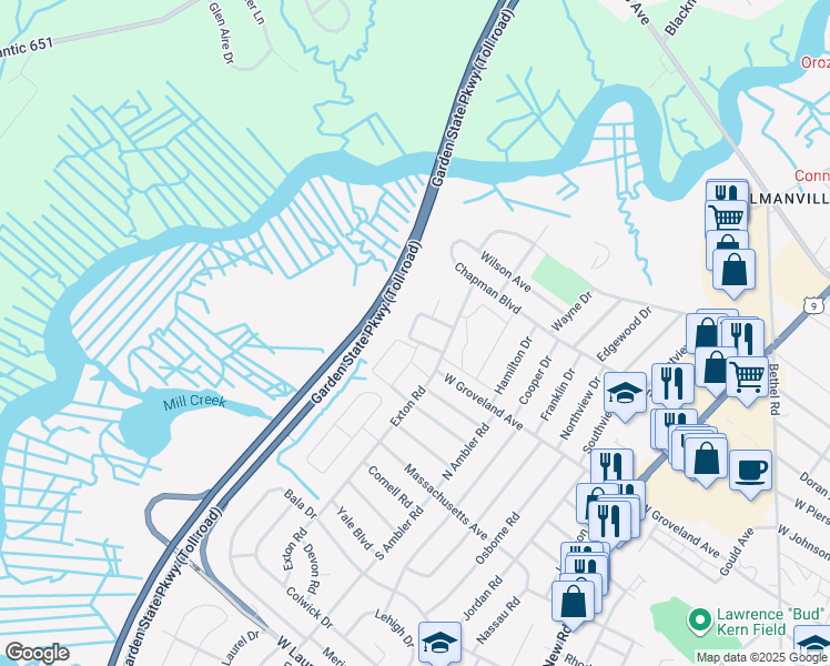map of restaurants, bars, coffee shops, grocery stores, and more near 13 Pacific Avenue in Somers Point