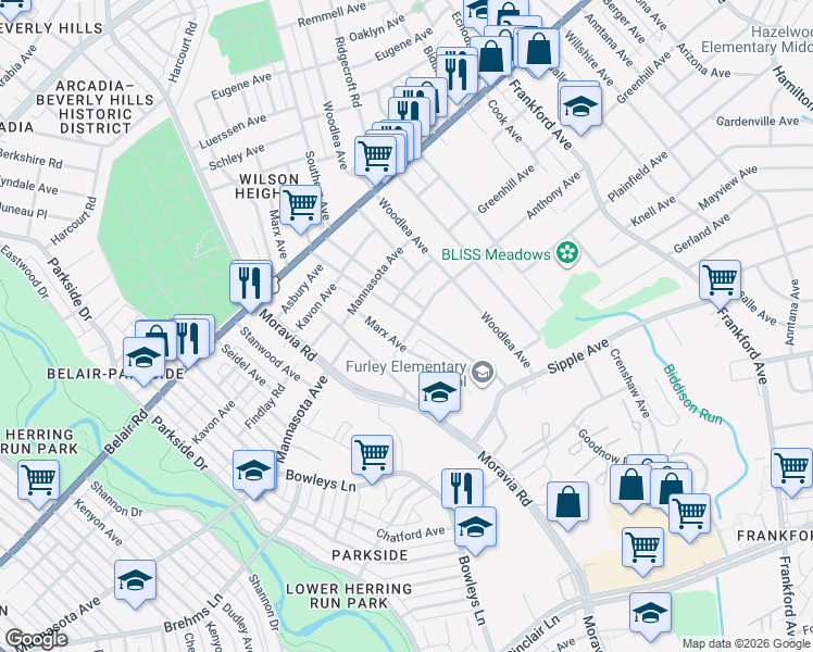 map of restaurants, bars, coffee shops, grocery stores, and more near 4425 Furley Avenue in Baltimore