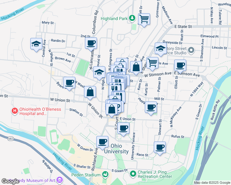 map of restaurants, bars, coffee shops, grocery stores, and more near 30 North Court Street in Athens