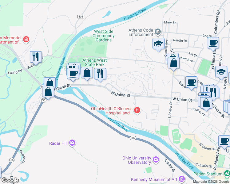 map of restaurants, bars, coffee shops, grocery stores, and more near 309 West Union Street in Athens