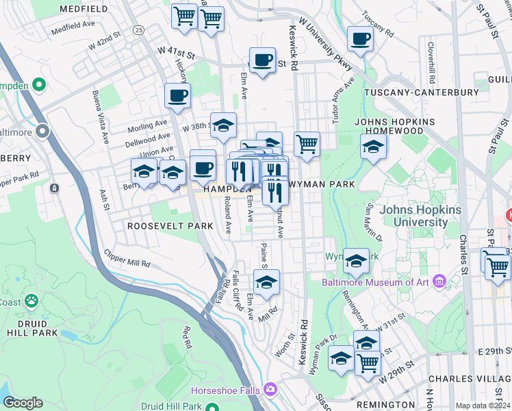 map of restaurants, bars, coffee shops, grocery stores, and more near 845 Wellington Street in Baltimore