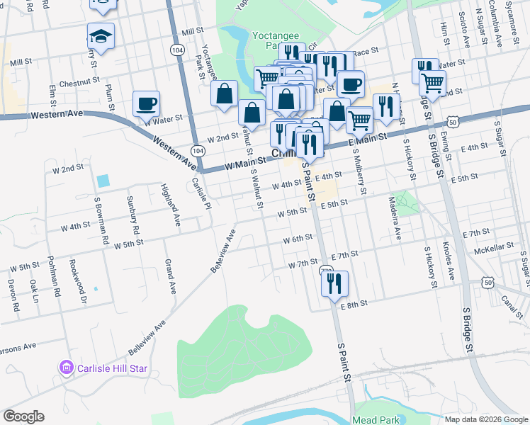 map of restaurants, bars, coffee shops, grocery stores, and more near 95 West 5th Street in Chillicothe