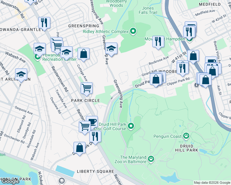 map of restaurants, bars, coffee shops, grocery stores, and more near 2314 Druid Park Drive in Baltimore