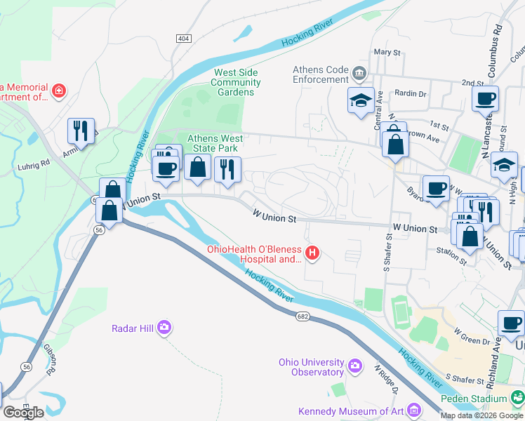 map of restaurants, bars, coffee shops, grocery stores, and more near 309 West Union Street in Athens