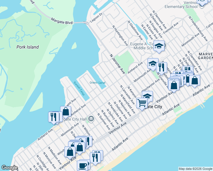 map of restaurants, bars, coffee shops, grocery stores, and more near 8604 Amherst Avenue in Margate City