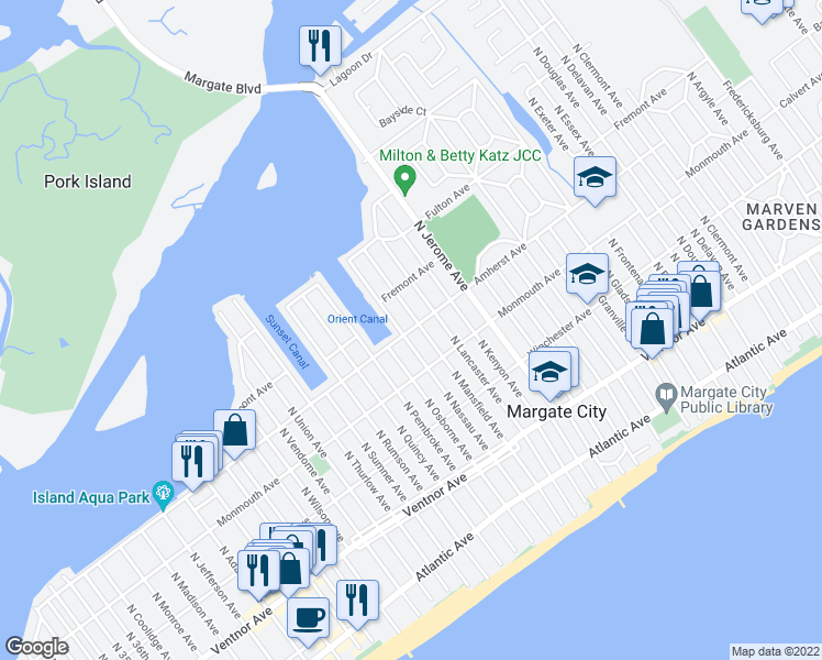 map of restaurants, bars, coffee shops, grocery stores, and more near 8603 Amherst Avenue in Margate City