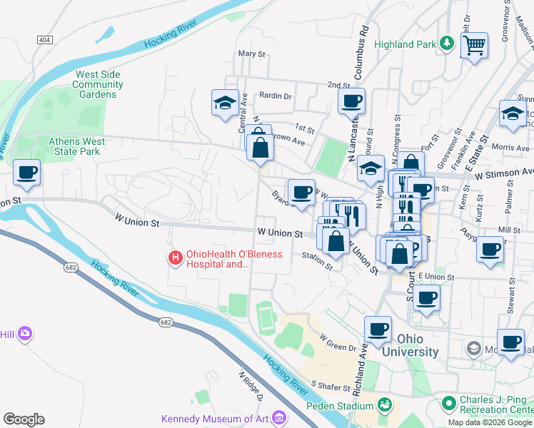 map of restaurants, bars, coffee shops, grocery stores, and more near 11 Coulson Street in Athens
