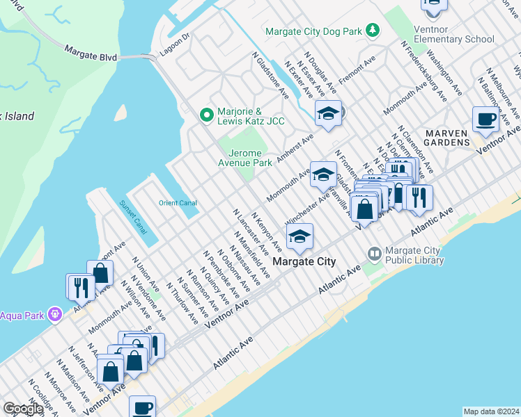map of restaurants, bars, coffee shops, grocery stores, and more near 8401 Monmouth Avenue in Margate City