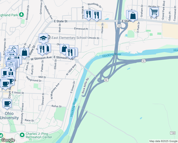 map of restaurants, bars, coffee shops, grocery stores, and more near 9133W Rock Riffle Road in Athens
