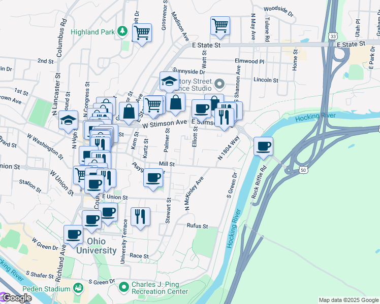 map of restaurants, bars, coffee shops, grocery stores, and more near 3 Elliott Street in Athens