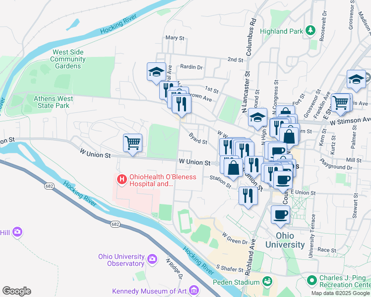 map of restaurants, bars, coffee shops, grocery stores, and more near 11 Coulson Street in Athens