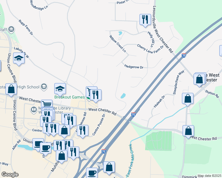 map of restaurants, bars, coffee shops, grocery stores, and more near 8903 Eagleview Drive in Beckett Ridge