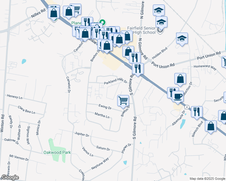 map of restaurants, bars, coffee shops, grocery stores, and more near 10 South Timber Hollow Drive in Fairfield