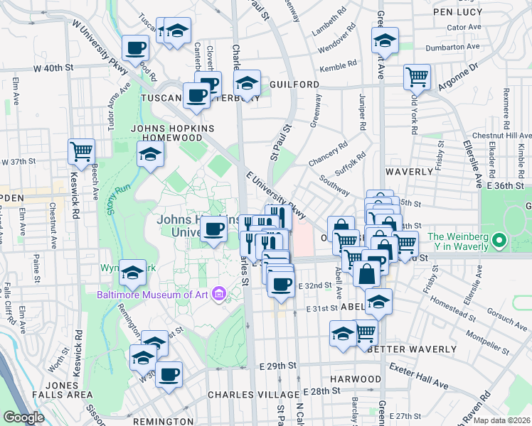 map of restaurants, bars, coffee shops, grocery stores, and more near 3409 Greenway in Baltimore