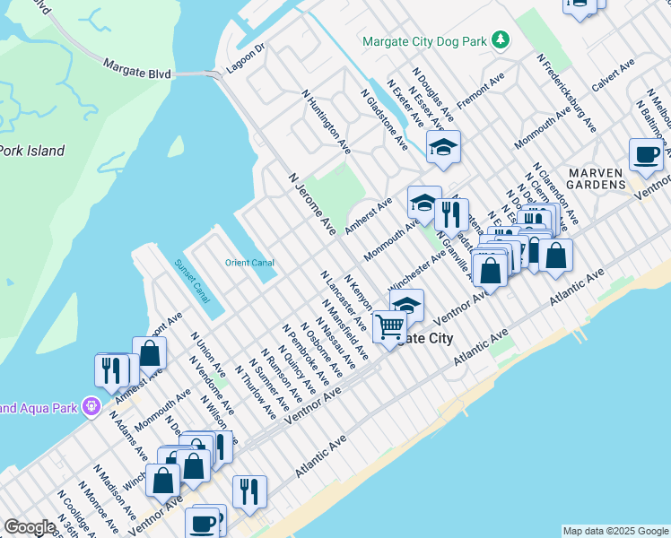 map of restaurants, bars, coffee shops, grocery stores, and more near 8401 Monmouth Avenue in Margate City