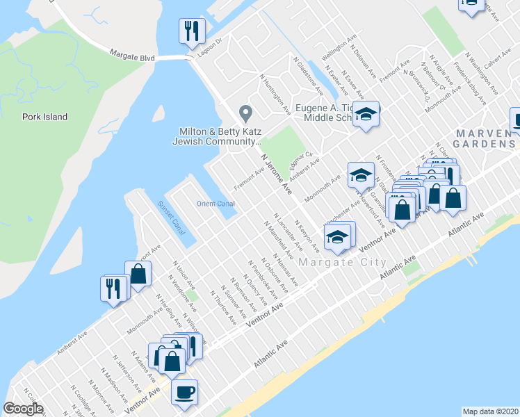 map of restaurants, bars, coffee shops, grocery stores, and more near 219 North Mansfield Avenue in Margate City