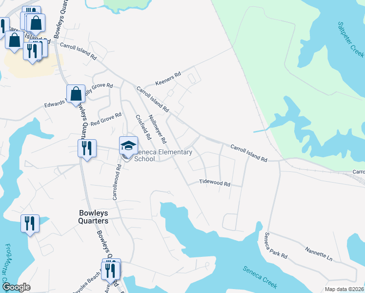 map of restaurants, bars, coffee shops, grocery stores, and more near 3902 Bayville Road in Middle River