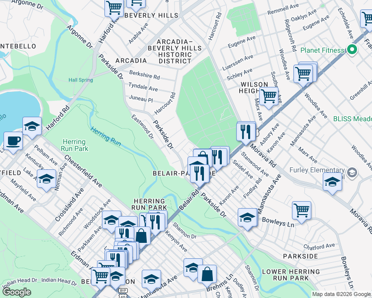 map of restaurants, bars, coffee shops, grocery stores, and more near 3903 Eierman Avenue in Baltimore
