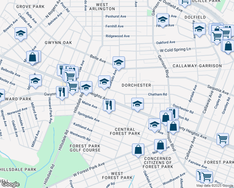 map of restaurants, bars, coffee shops, grocery stores, and more near 4217 Chatham Road in Baltimore