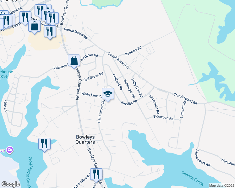map of restaurants, bars, coffee shops, grocery stores, and more near 3816 Bayville Road in Middle River