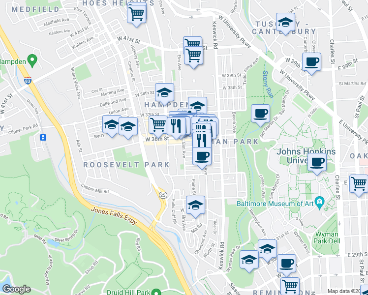 map of restaurants, bars, coffee shops, grocery stores, and more near Elm Ave & Wellington St in Baltimore