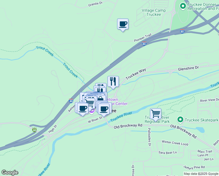 map of restaurants, bars, coffee shops, grocery stores, and more near 10111 Trout Creek Road in Truckee