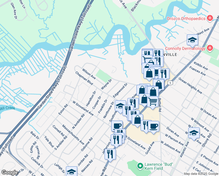 map of restaurants, bars, coffee shops, grocery stores, and more near 4 Edgewood Drive in Somers Point